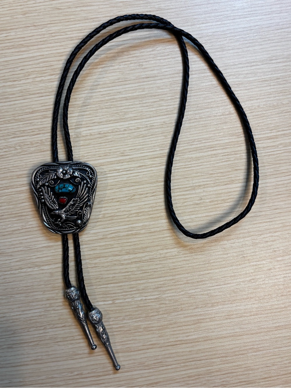 VTG SSI USA Eagle Bolo Pewter Genuine Turquoise & Coral Braided Black Leather